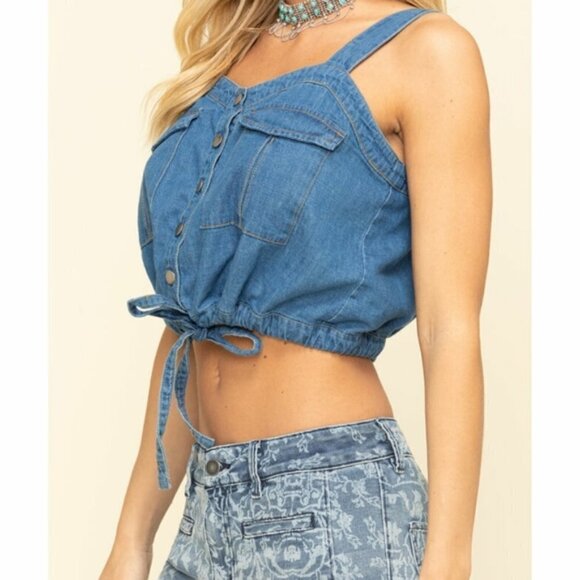 Free People Palm Desert Denim Cropped Top - Picture 1 of 12